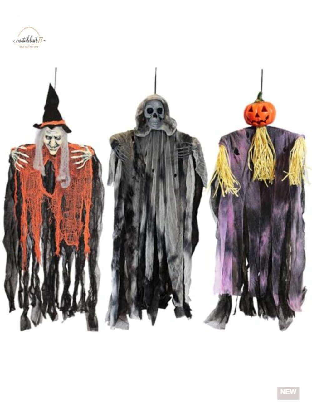 Set of 3 Hanging Halloween Ghost Decorations with Witch, Grim Reaper & Pumpkin